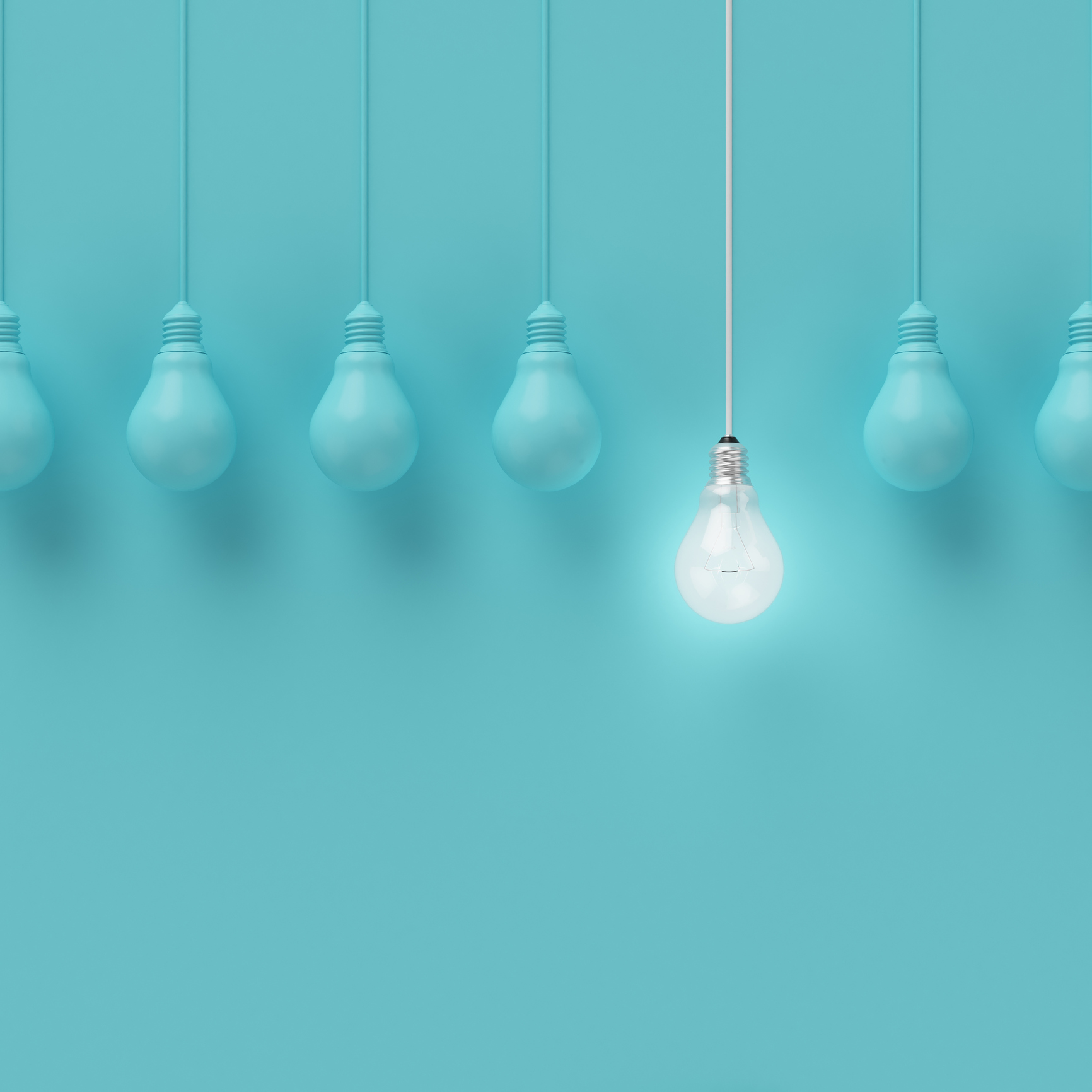 Hanging light bulbs with glowing one different idea on light blue background , Minimal concept idea , flat lay , top